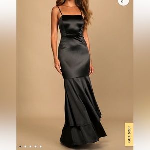 Contemporary Romance Black Satin Tiered Mermaid Maxi Dress
